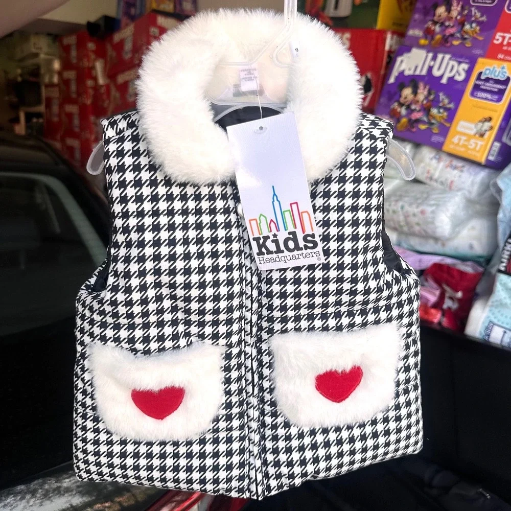 Kids Headquarters Baby Girl Houndstooth Faux Fur Puffer Vest Size 12 Months NWT
